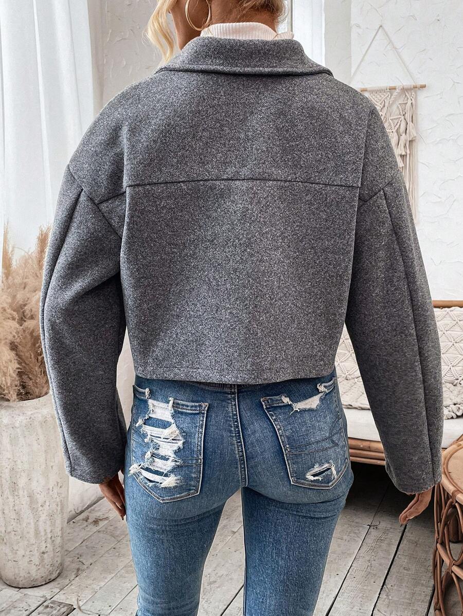 Women's Cropped Zip Front Jacket Notched Collar Long Sleeve Flap Pocket Casual Coat