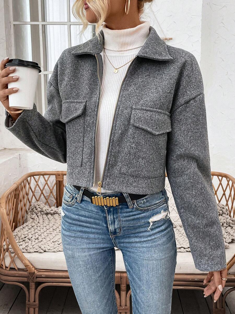 Women's Cropped Zip Front Jacket Notched Collar Long Sleeve Flap Pocket Casual Coat