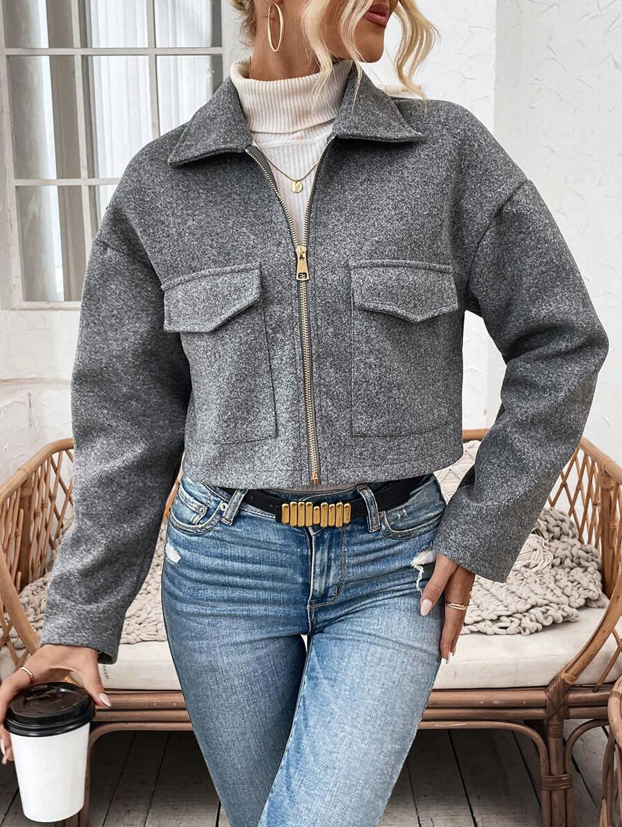 Women's Cropped Zip Front Jacket Notched Collar Long Sleeve Flap Pocket Casual Coat