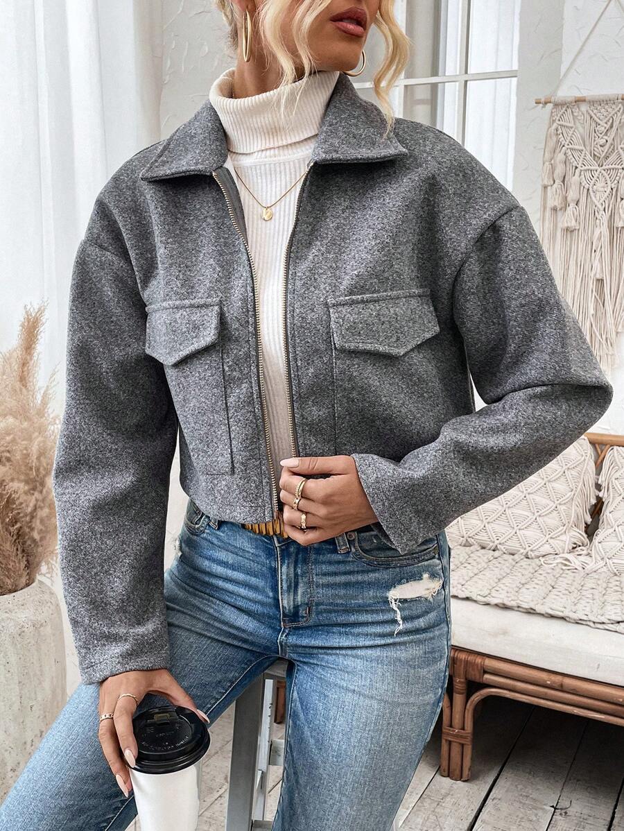 Women's Cropped Zip Front Jacket Notched Collar Long Sleeve Flap Pocket Casual Coat