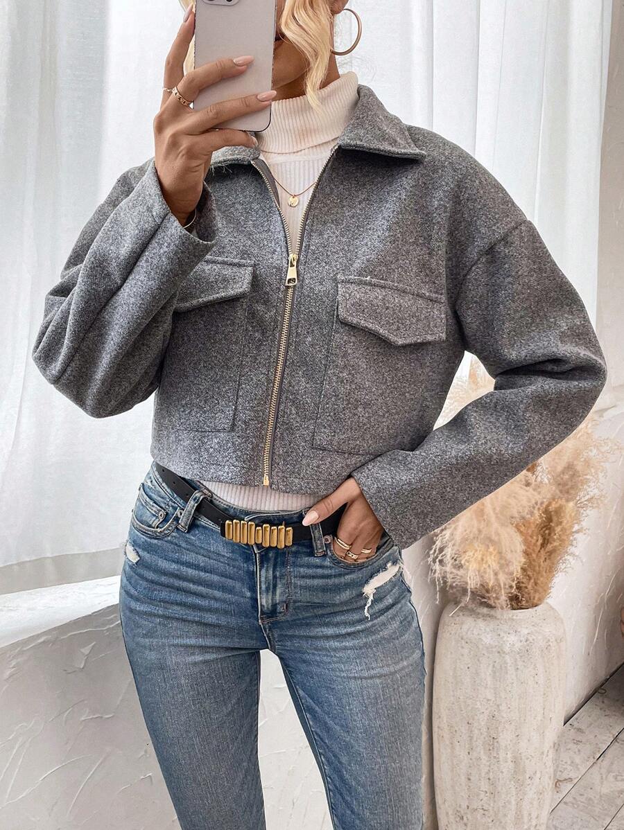 Women's Cropped Zip Front Jacket Notched Collar Long Sleeve Flap Pocket Casual Coat
