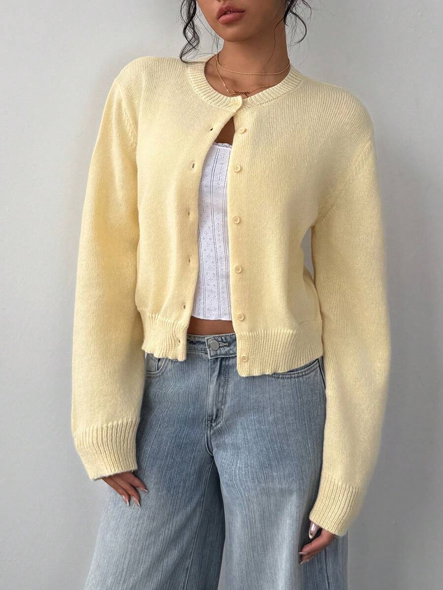 Women's Cropped Cardigan Round Neck Button Front Long Sleeve Knit Everyday