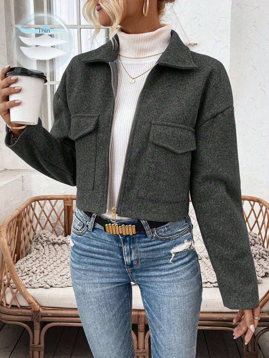 Women's Cropped Zip Front Jacket Notched Collar Long Sleeve Flap Pocket Casual Coat