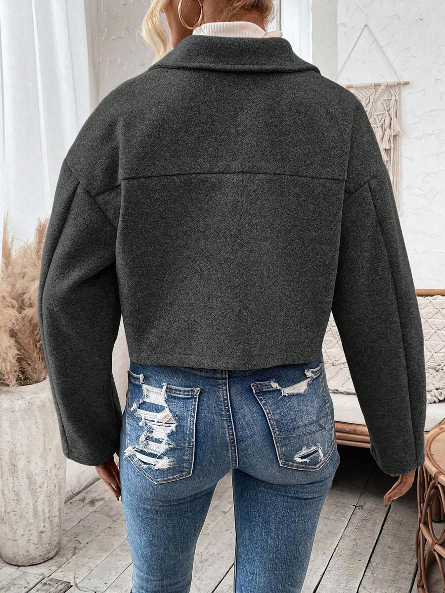 Women's Cropped Zip Front Jacket Notched Collar Long Sleeve Flap Pocket Casual Coat