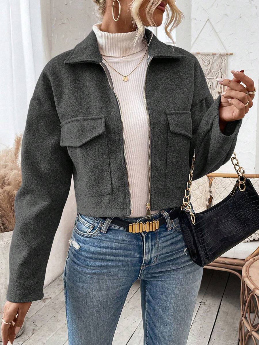 Women's Cropped Zip Front Jacket Notched Collar Long Sleeve Flap Pocket Casual Coat