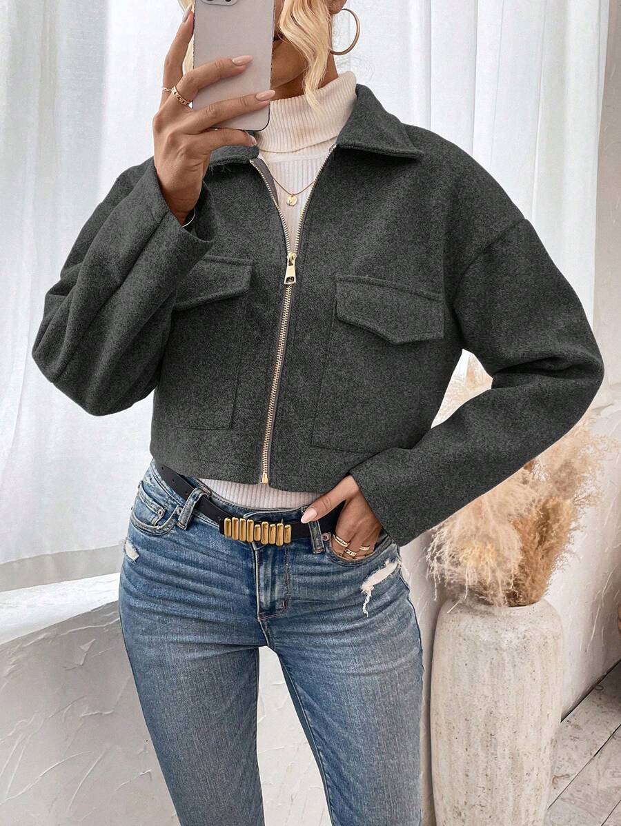 Women's Cropped Zip Front Jacket Notched Collar Long Sleeve Flap Pocket Casual Coat