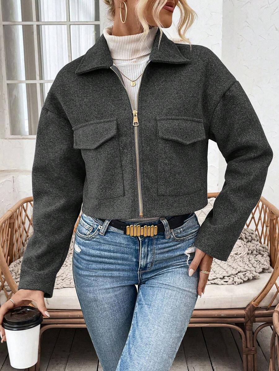 Women's Cropped Zip Front Jacket Notched Collar Long Sleeve Flap Pocket Casual Coat