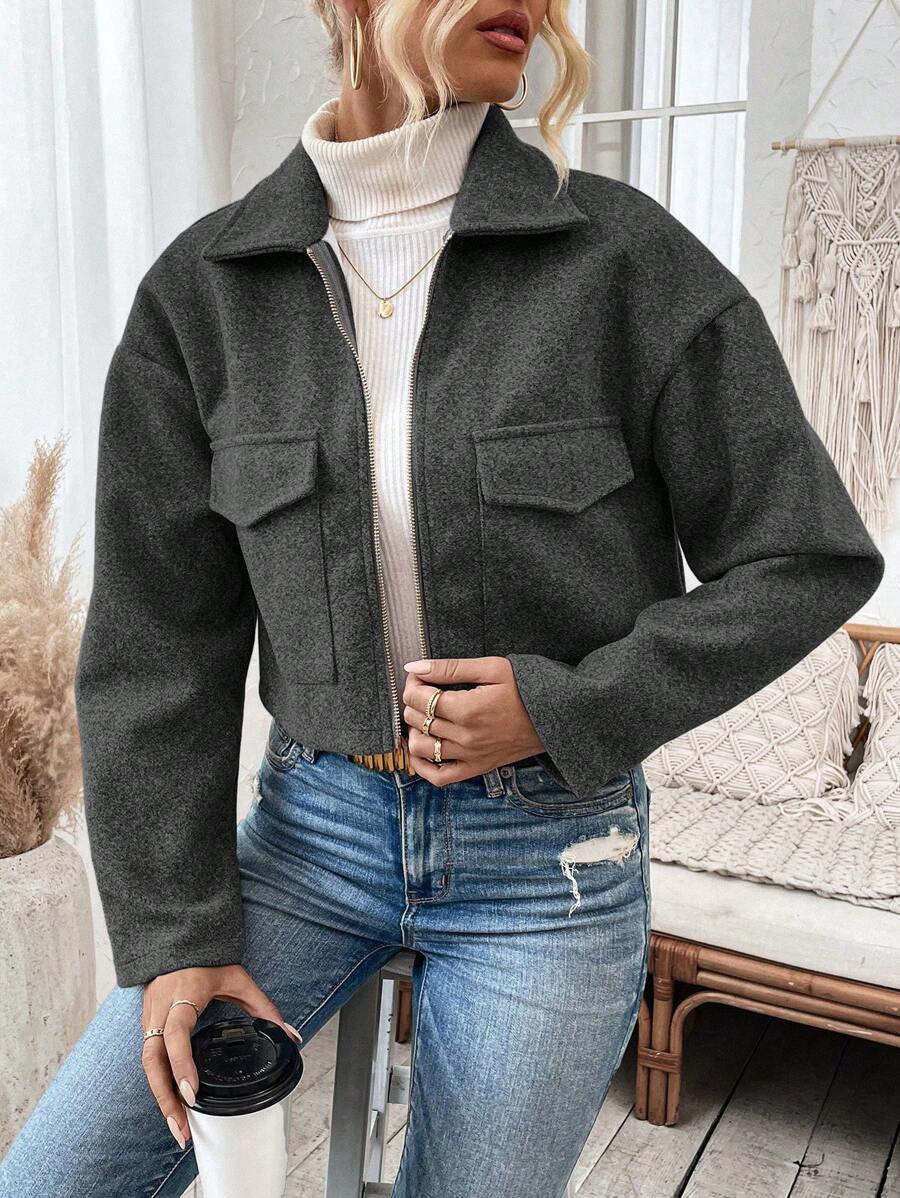 Women's Cropped Zip Front Jacket Notched Collar Long Sleeve Flap Pocket Casual Coat