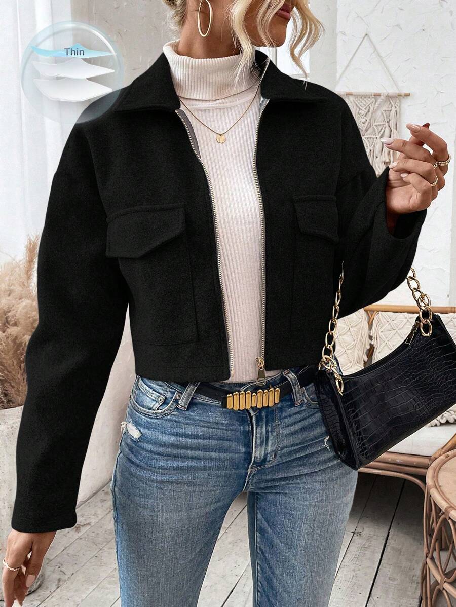 Women's Cropped Zip Front Jacket Notched Collar Long Sleeve Flap Pocket Casual Coat
