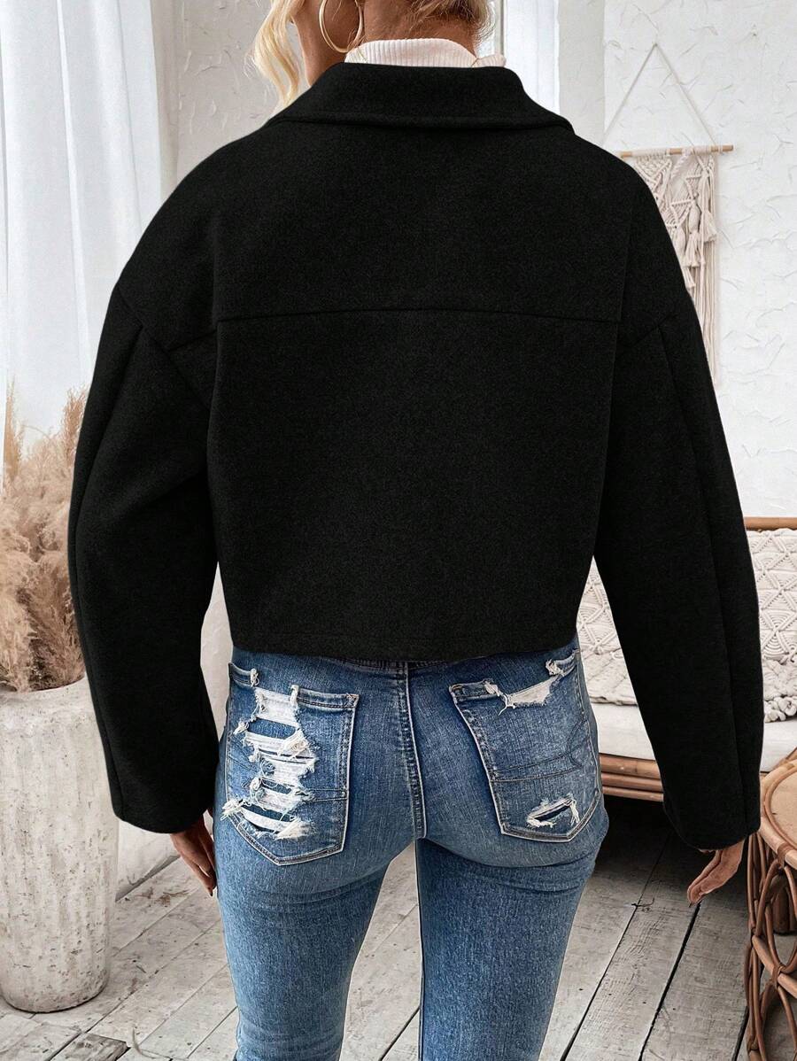 Women's Cropped Zip Front Jacket Notched Collar Long Sleeve Flap Pocket Casual Coat