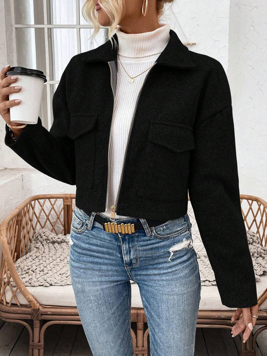 Women's Cropped Zip Front Jacket Notched Collar Long Sleeve Flap Pocket Casual Coat