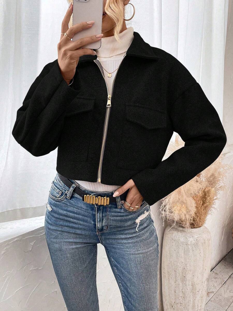 Women's Cropped Zip Front Jacket Notched Collar Long Sleeve Flap Pocket Casual Coat