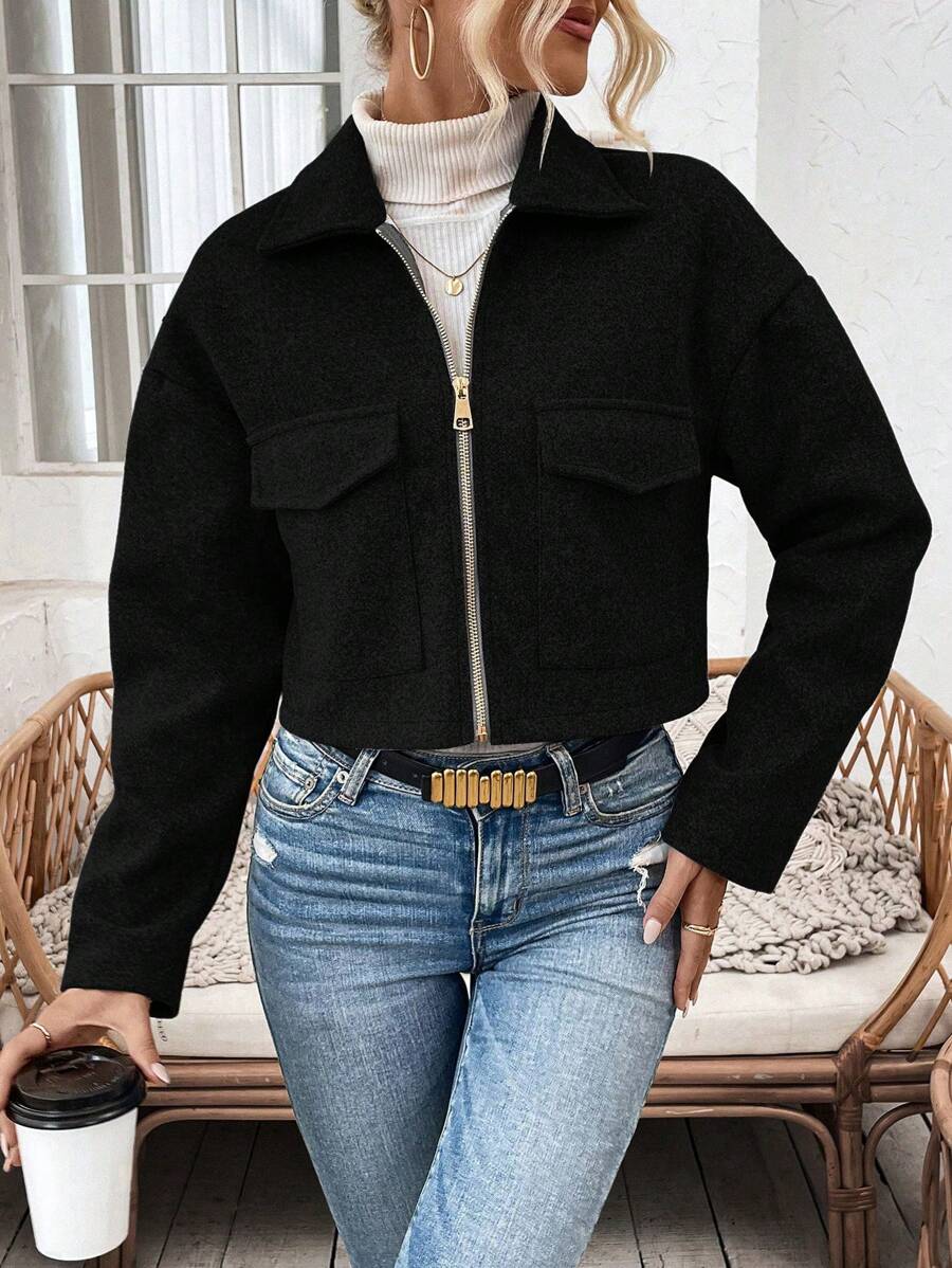 Women's Cropped Zip Front Jacket Notched Collar Long Sleeve Flap Pocket Casual Coat