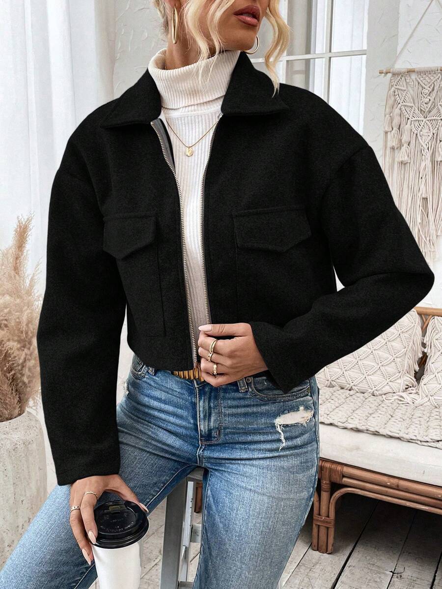 Women's Cropped Zip Front Jacket Notched Collar Long Sleeve Flap Pocket Casual Coat