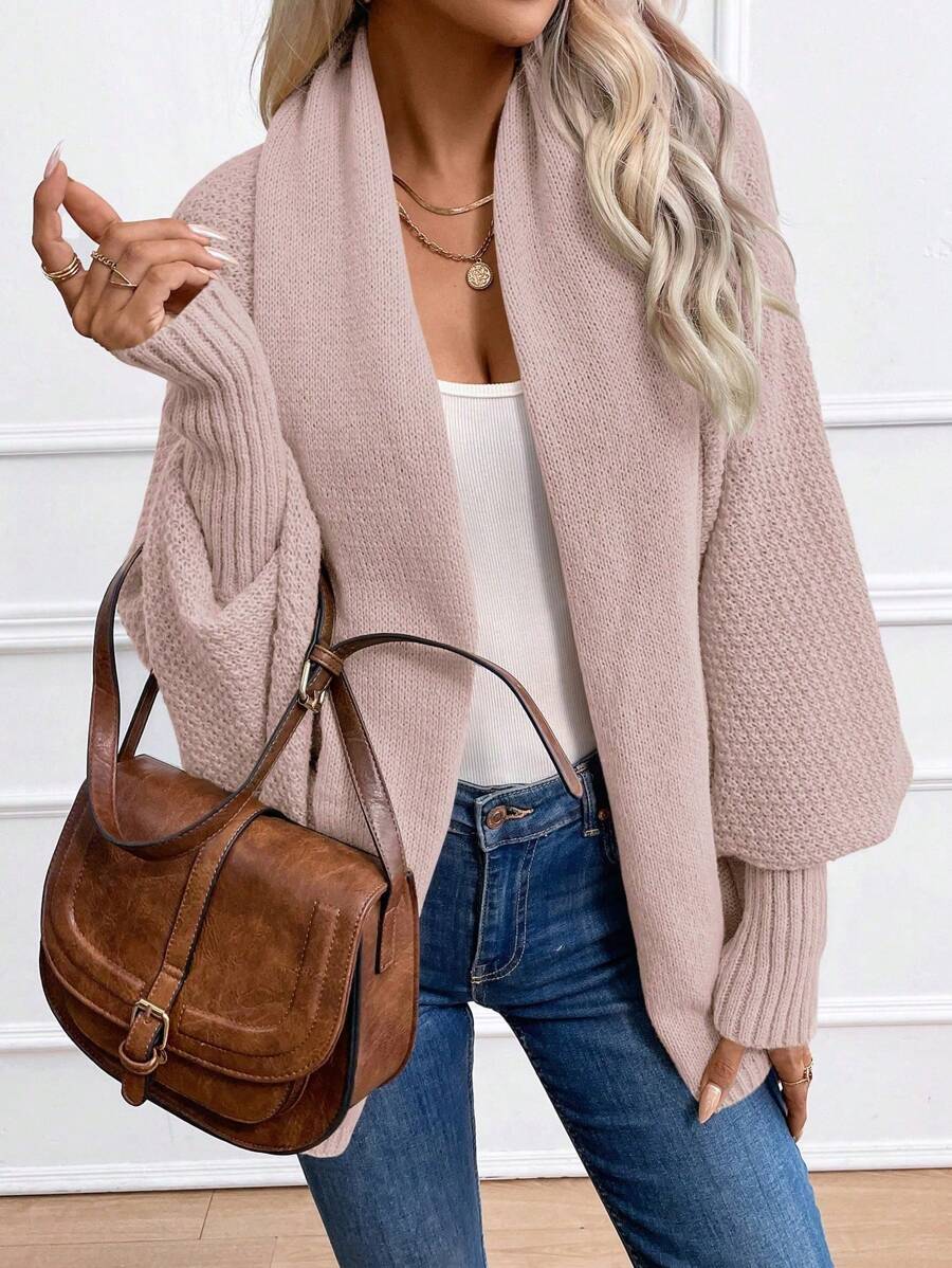 Women's Shawl Collar Cardigan Batwing Sleeve Open Front Knit Pink
