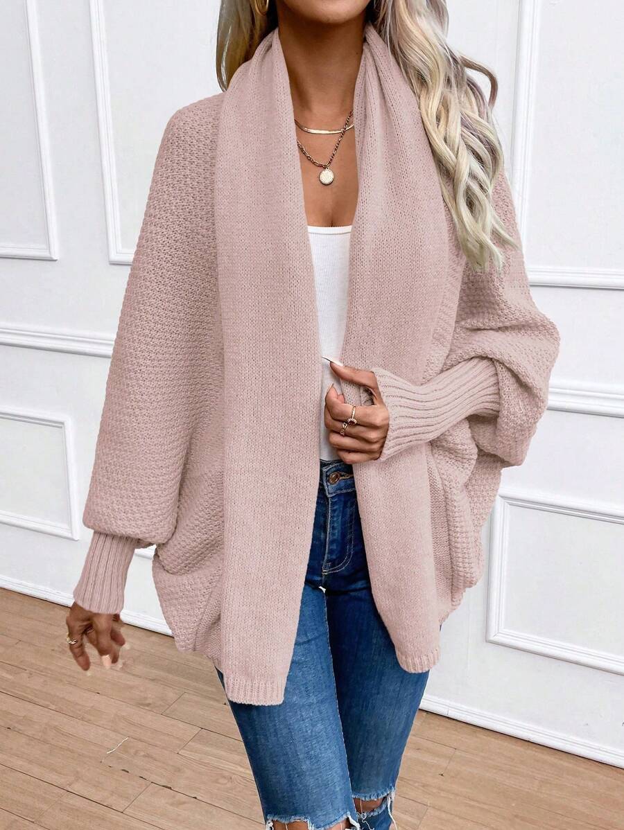 Women's Shawl Collar Cardigan Batwing Sleeve Open Front Knit Pink