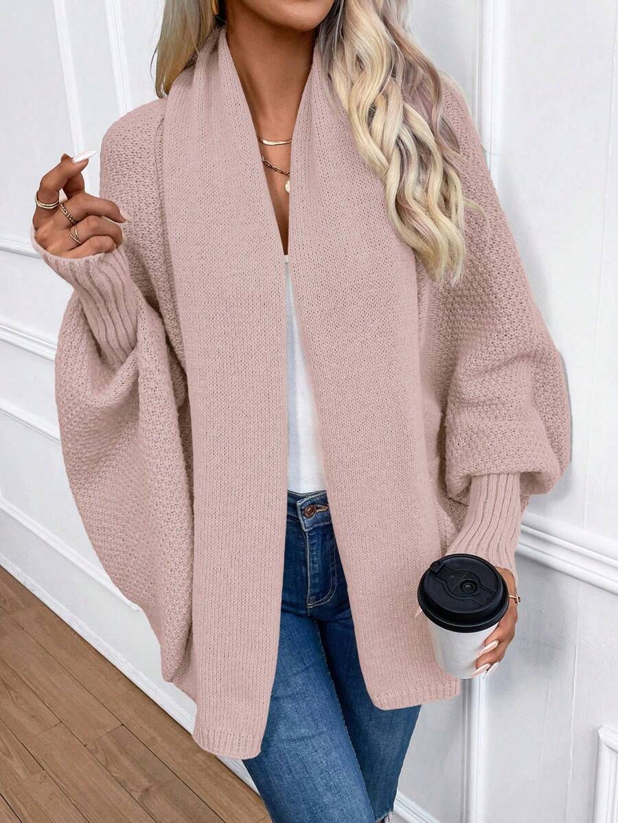 Women's Shawl Collar Cardigan Batwing Sleeve Open Front Knit Pink