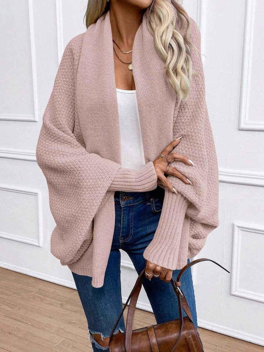 Women's Shawl Collar Cardigan Batwing Sleeve Open Front Knit Pink