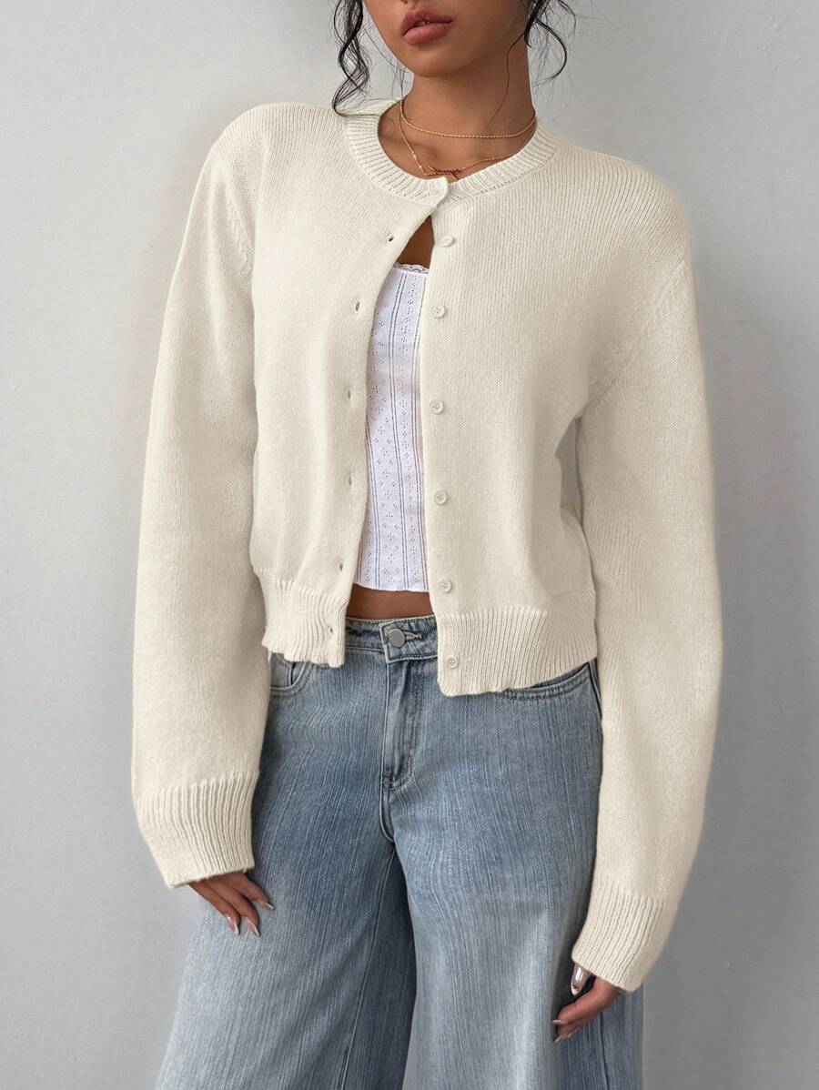 Women's Cropped Cardigan Round Neck Button Front Long Sleeve Knit Everyday