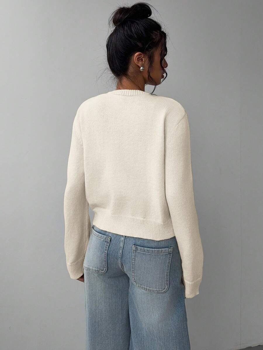 Women's Cropped Cardigan Round Neck Button Front Long Sleeve Knit Everyday