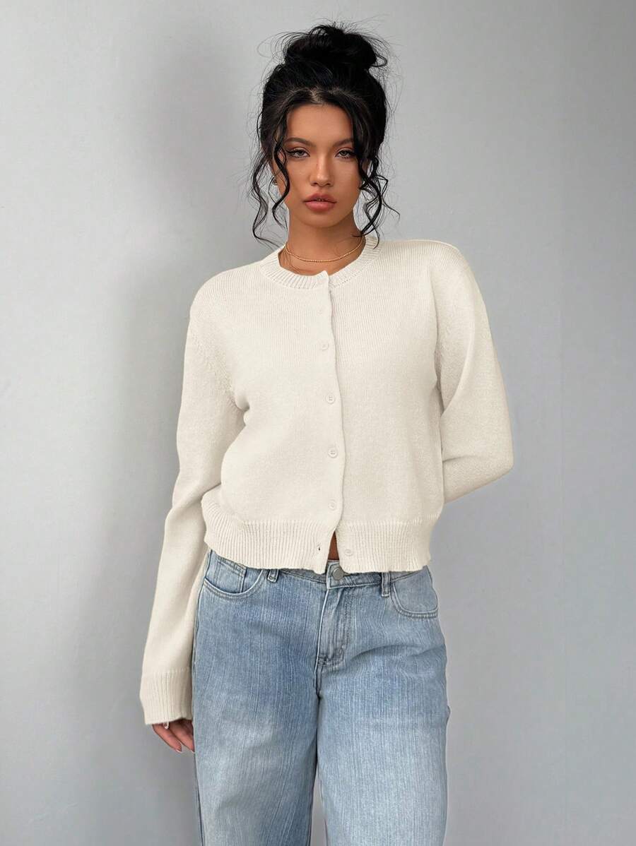 Women's Cropped Cardigan Round Neck Button Front Long Sleeve Knit Everyday