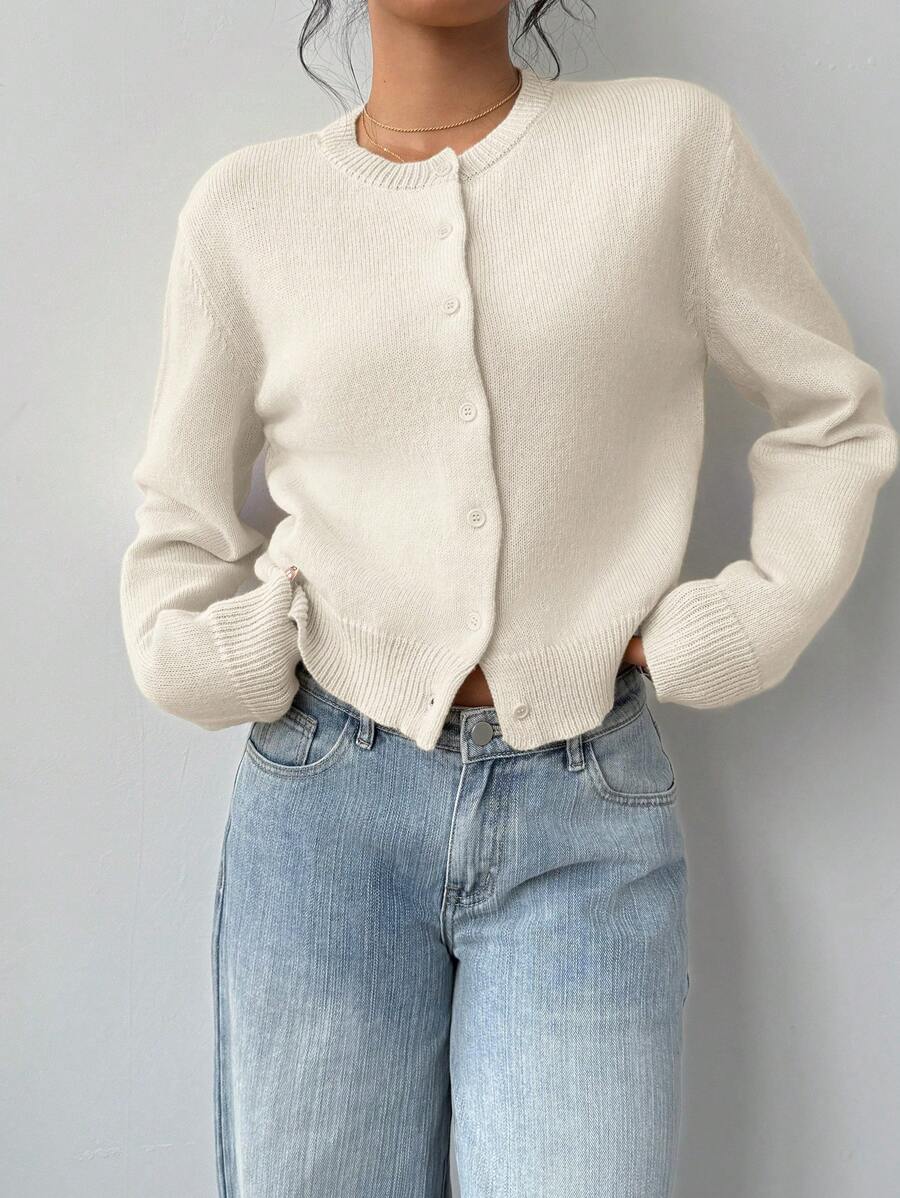 Women's Cropped Cardigan Round Neck Button Front Long Sleeve Knit Everyday