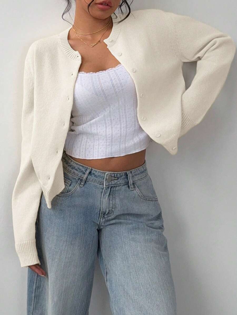 Women's Cropped Cardigan Round Neck Button Front Long Sleeve Knit Everyday