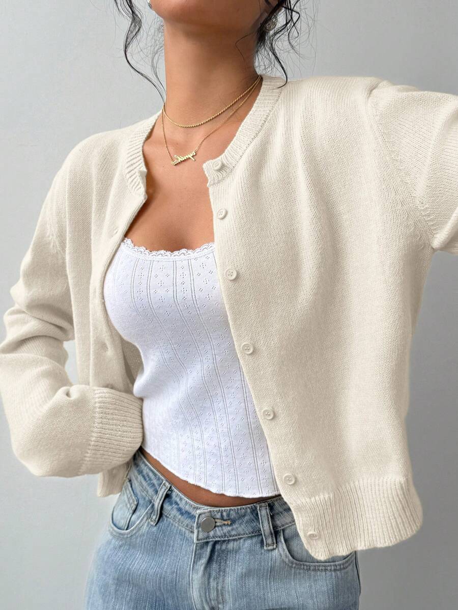 Women's Cropped Cardigan Round Neck Button Front Long Sleeve Knit Everyday