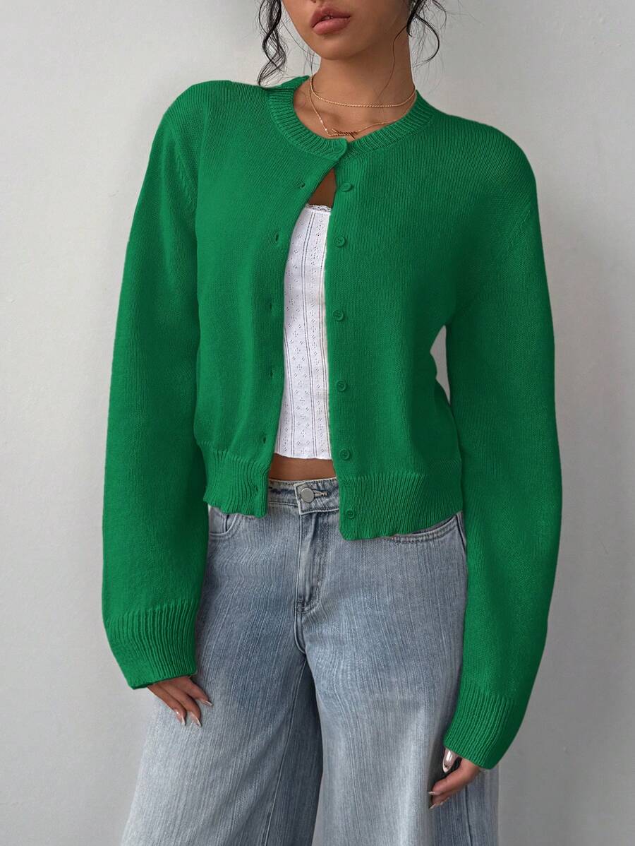 Women's Cropped Cardigan Round Neck Button Front Long Sleeve Knit Everyday