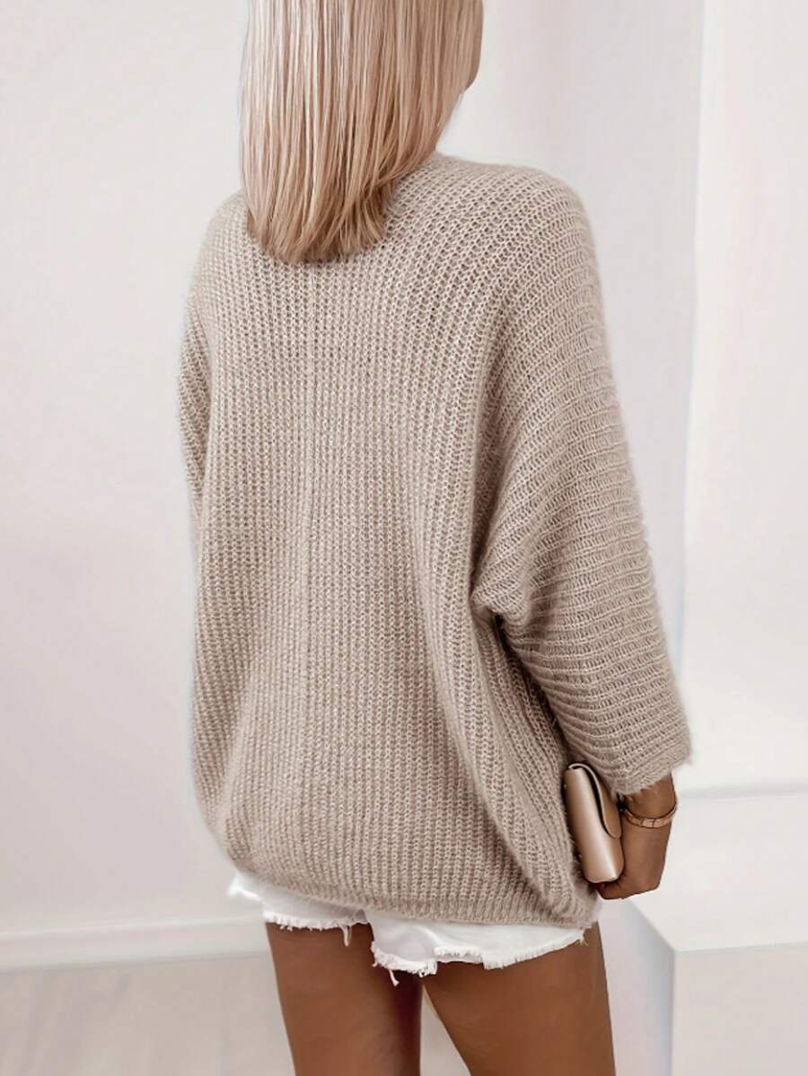 Women's Open Front Knit Cardigan Batwing Sleeve Beige Chunky Casual Layer
