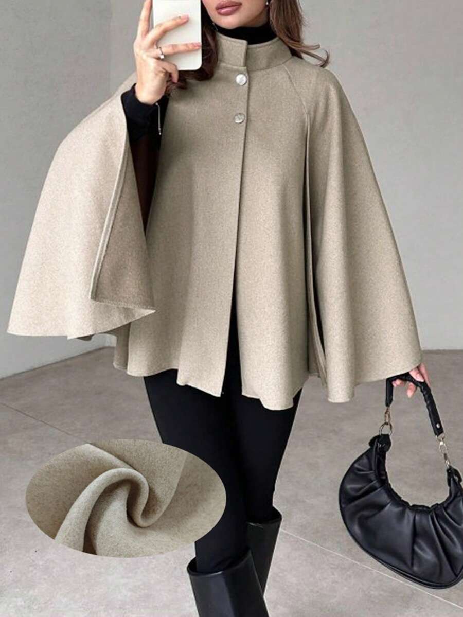 Women's Cape Coat Stand Collar Button Front Poncho Overcoat Winter Outerwear