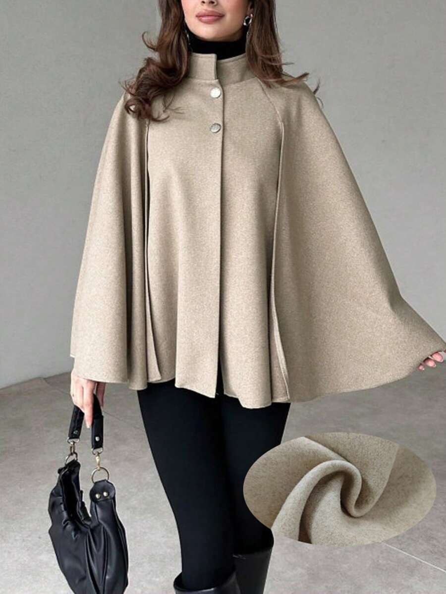 Women's Cape Coat Stand Collar Button Front Poncho Overcoat Winter Outerwear