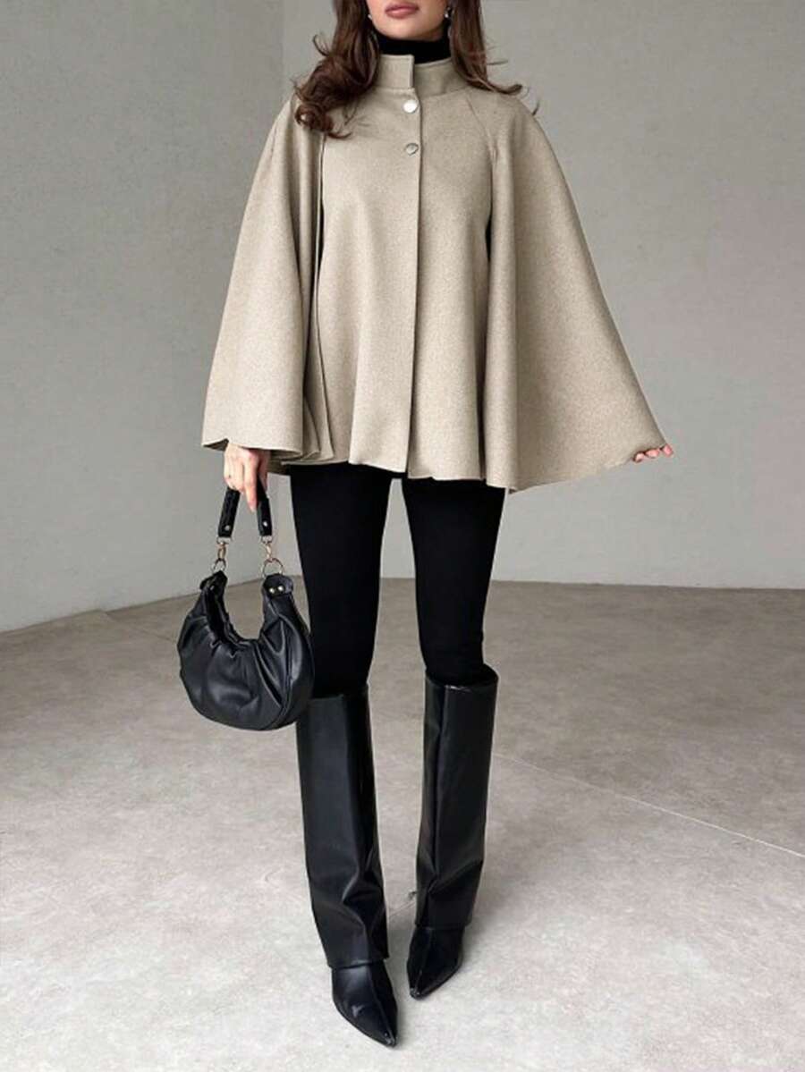 Women's Cape Coat Stand Collar Button Front Poncho Overcoat Winter Outerwear