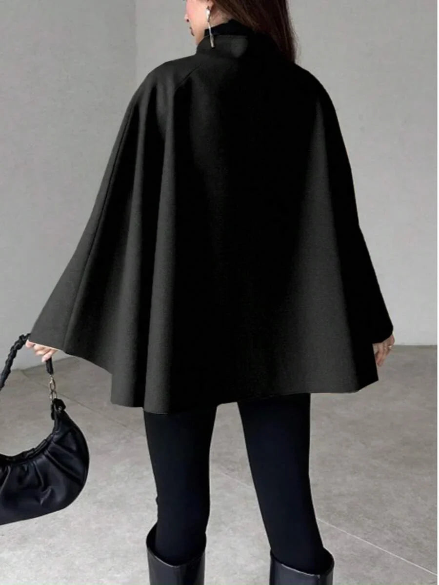 Women's Cape Coat Stand Collar Button Front Poncho Overcoat Winter Outerwear