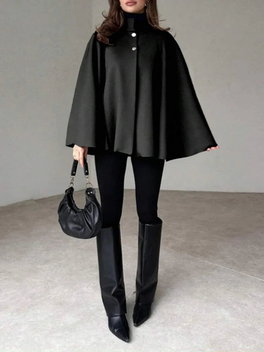 Women's Cape Coat Stand Collar Button Front Poncho Overcoat Winter Outerwear