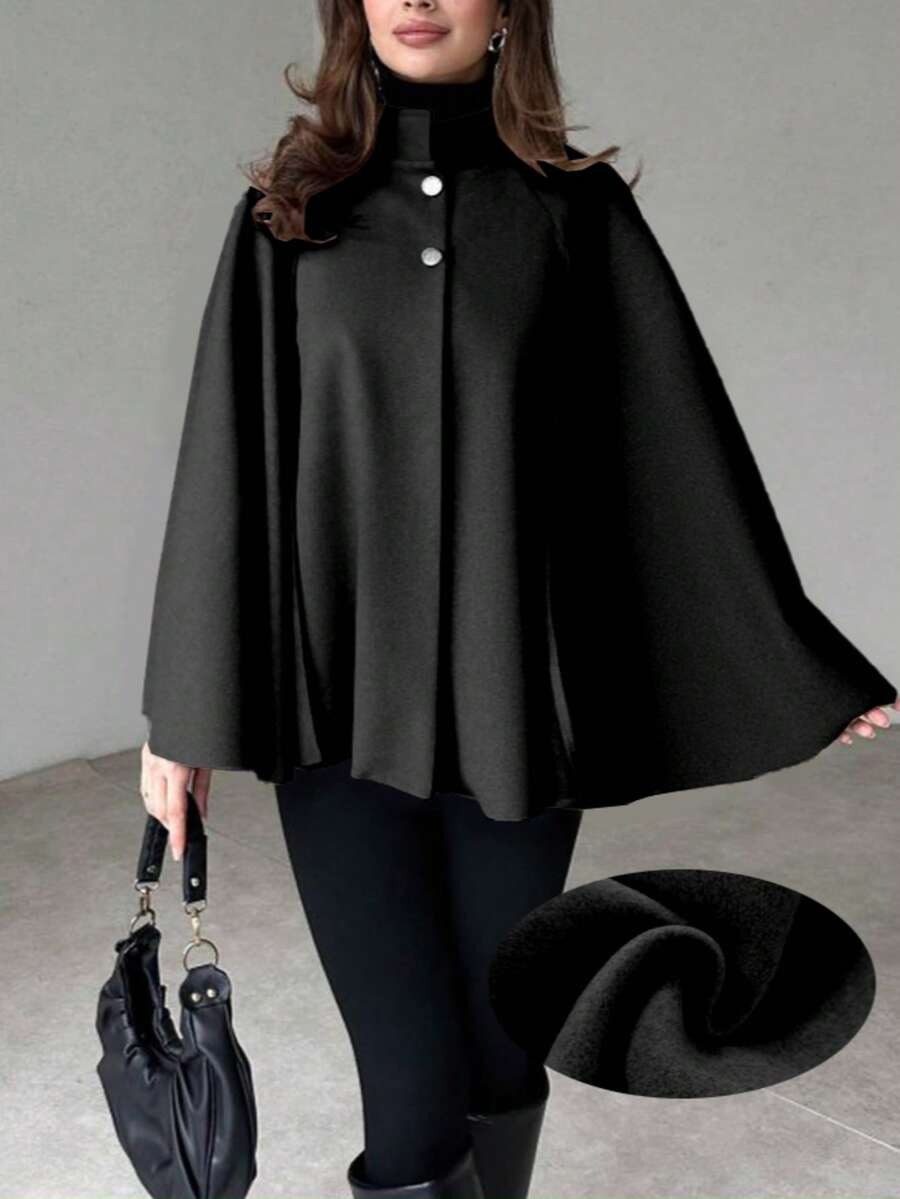 Women's Cape Coat Stand Collar Button Front Poncho Overcoat Winter Outerwear