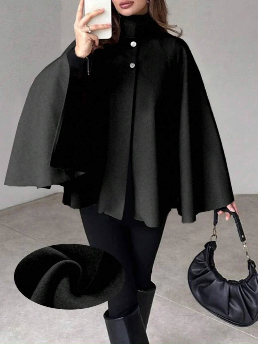 Women's Cape Coat Stand Collar Button Front Poncho Overcoat Winter Outerwear