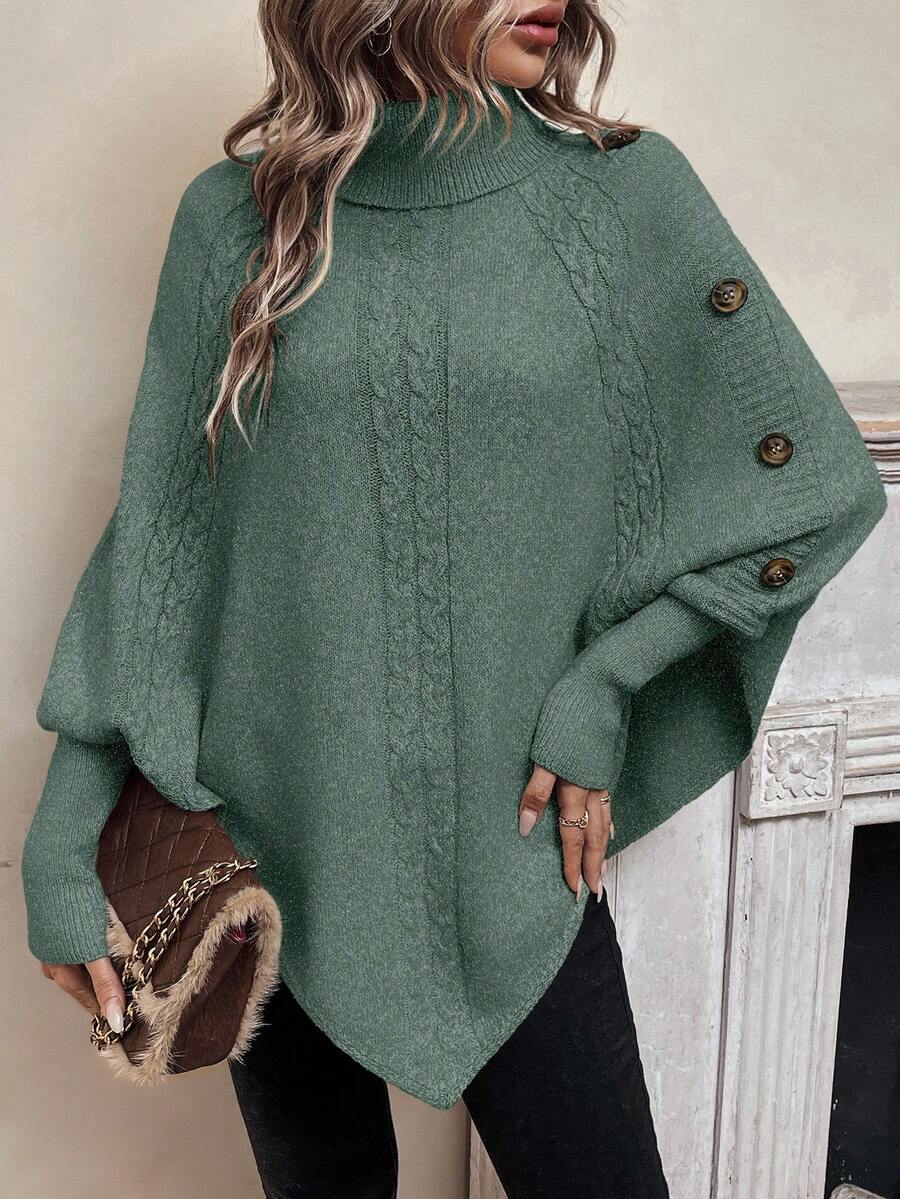 Women's Turtleneck Batwing Poncho Sweater Asymmetrical Cable Knit Button Pullover