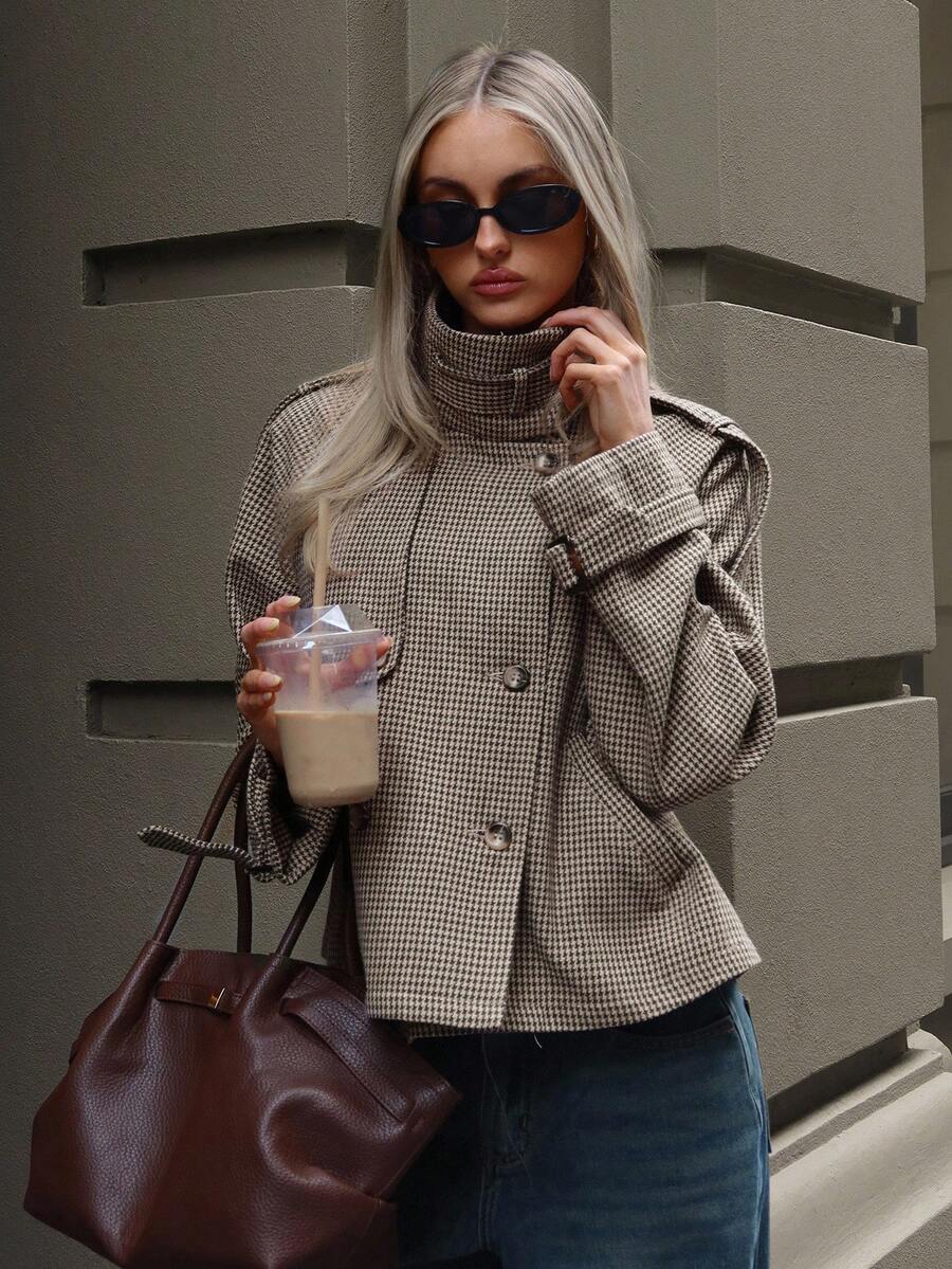 Women's Houndstooth Jacket High Neck Double Breasted Cropped Winter Coat