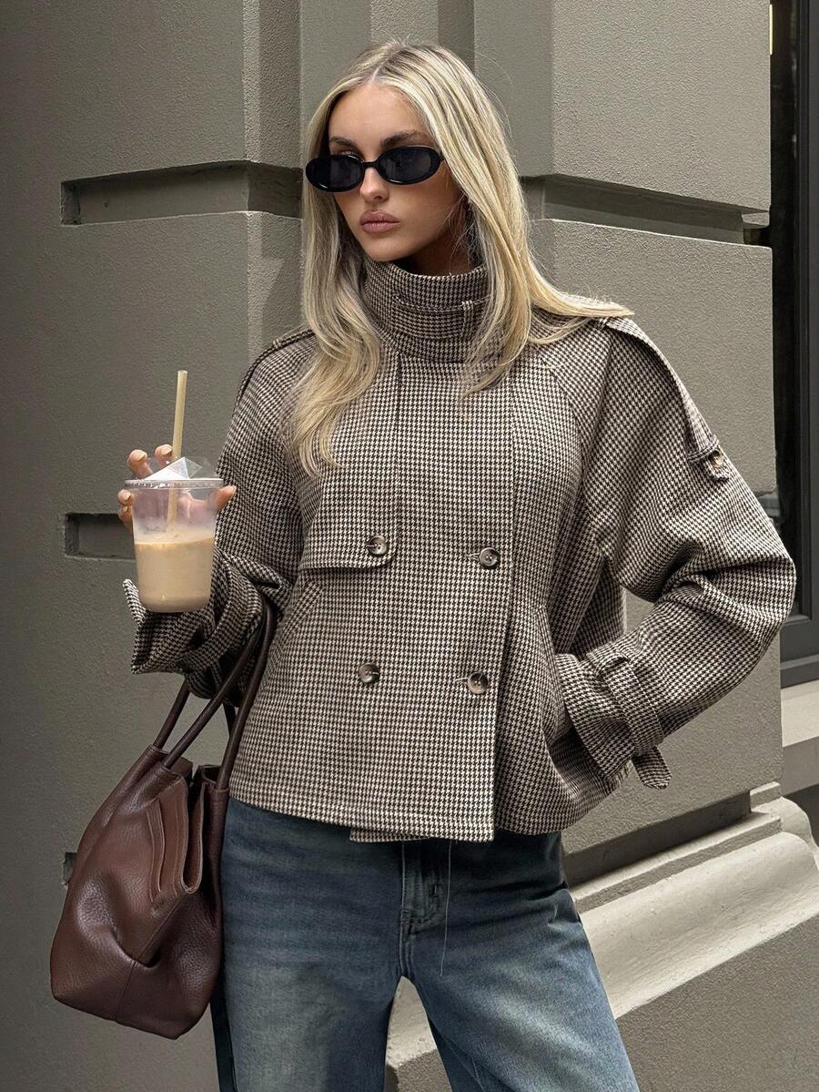 Women's Houndstooth Jacket High Neck Double Breasted Cropped Winter Coat