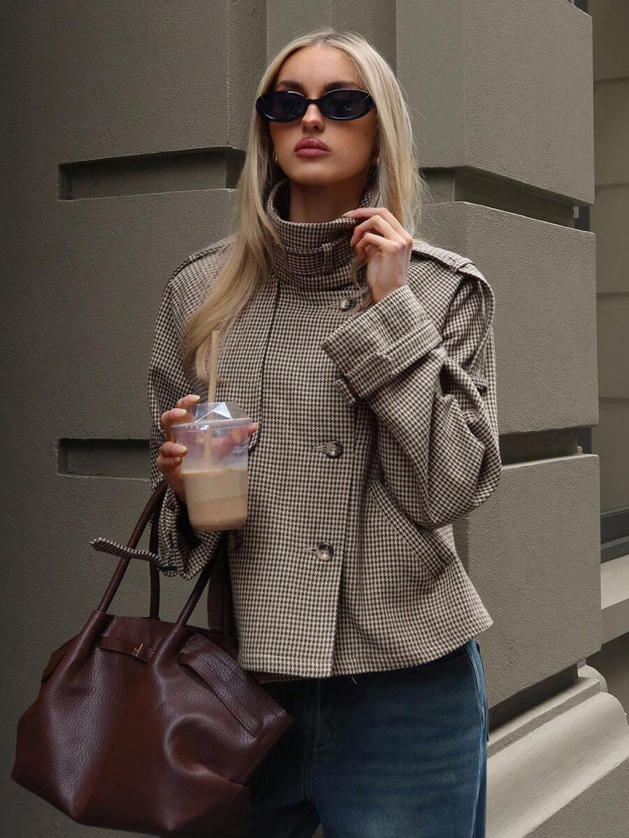 Women's Houndstooth Jacket High Neck Double Breasted Cropped Winter Coat