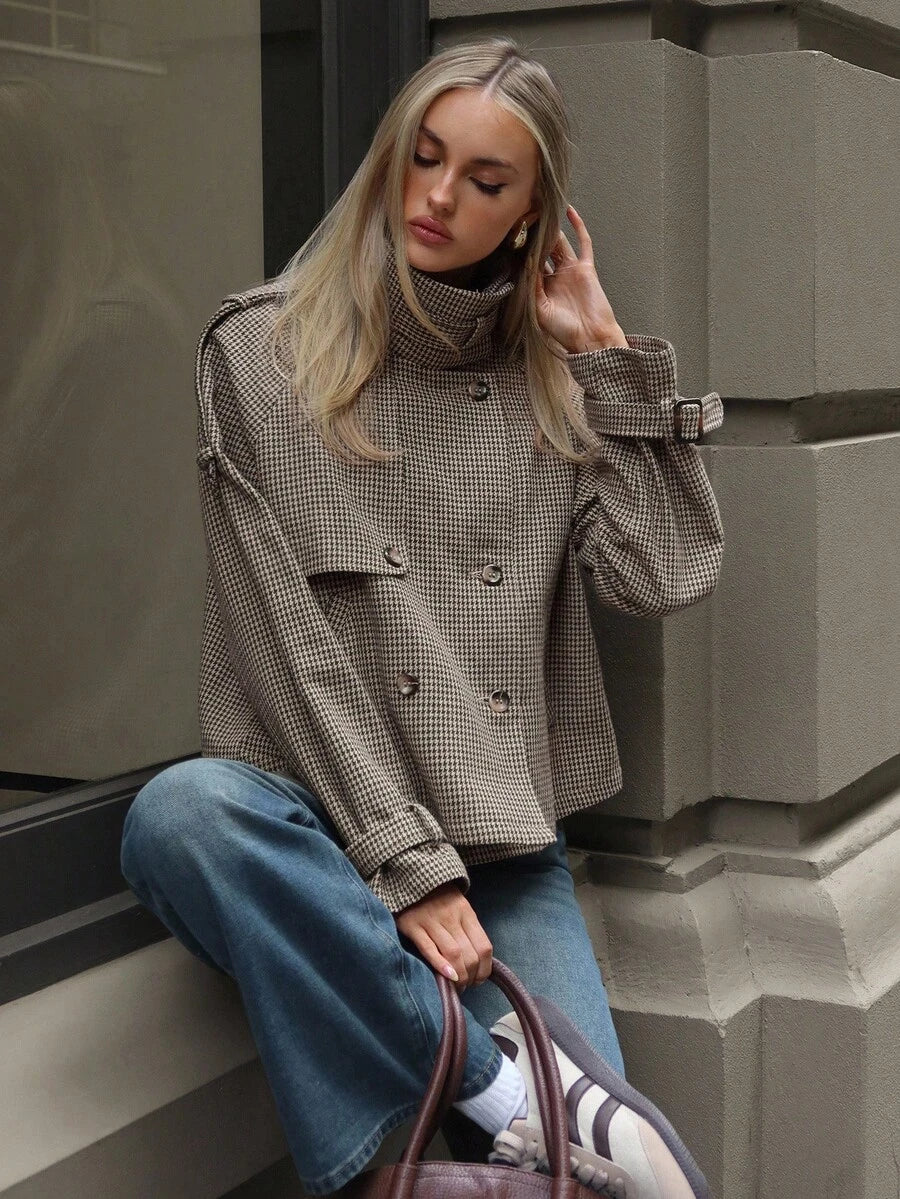 Women's Houndstooth Jacket High Neck Double Breasted Cropped Winter Coat