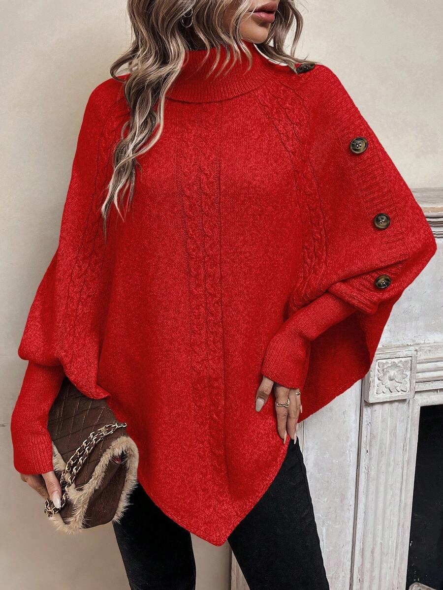 Women's Turtleneck Batwing Poncho Sweater Asymmetrical Cable Knit Button Pullover