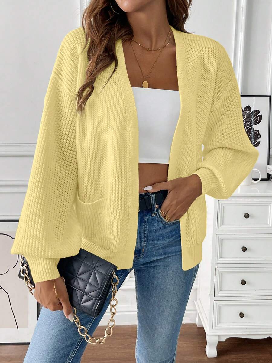 Women's Open Front Cropped Cardigan White Chunky Knit Pockets Long Sleeve Casual