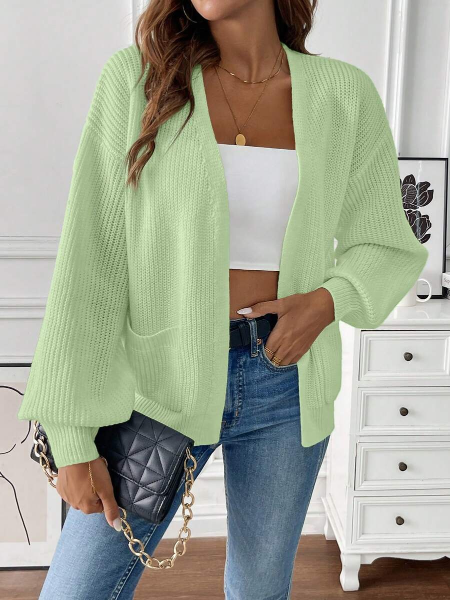 Women's Open Front Cropped Cardigan White Chunky Knit Pockets Long Sleeve Casual