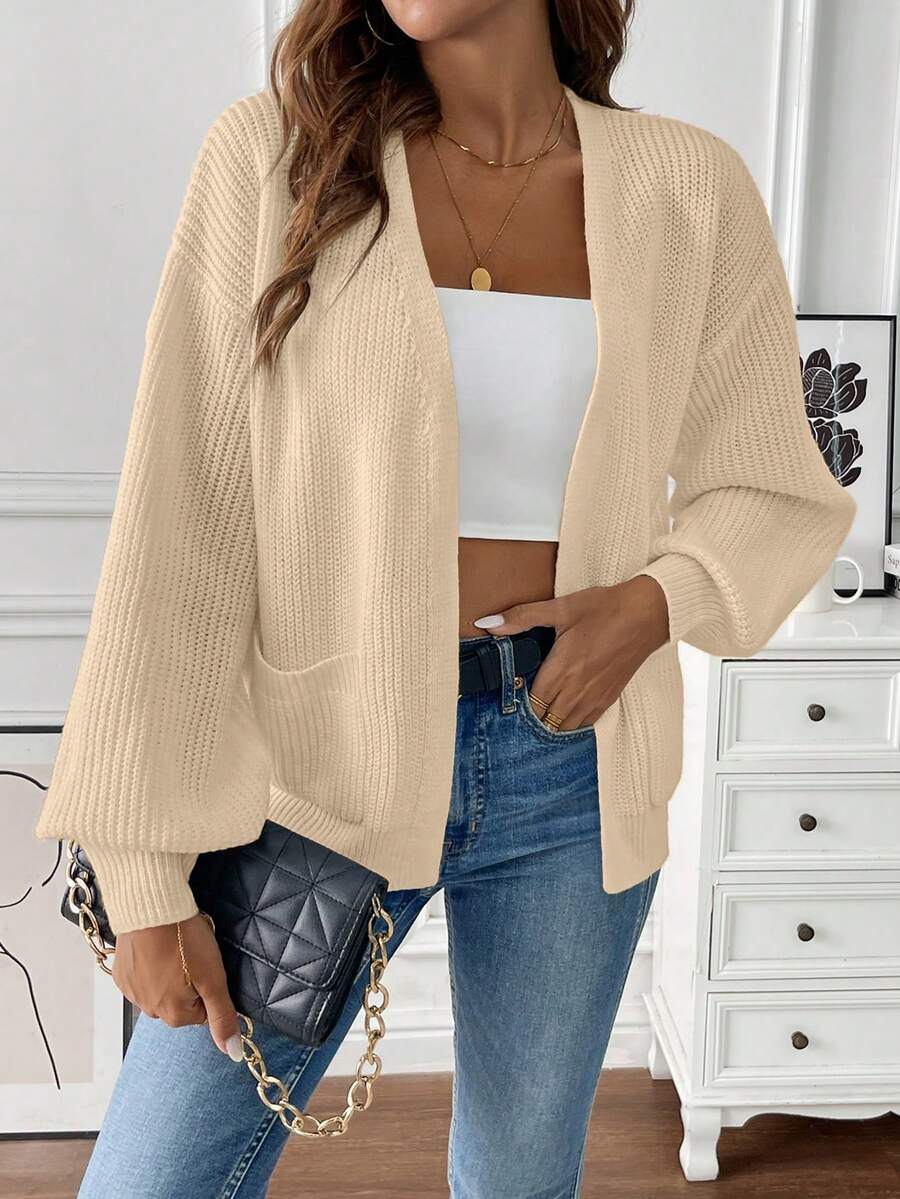 Women's Open Front Cropped Cardigan White Chunky Knit Pockets Long Sleeve Casual