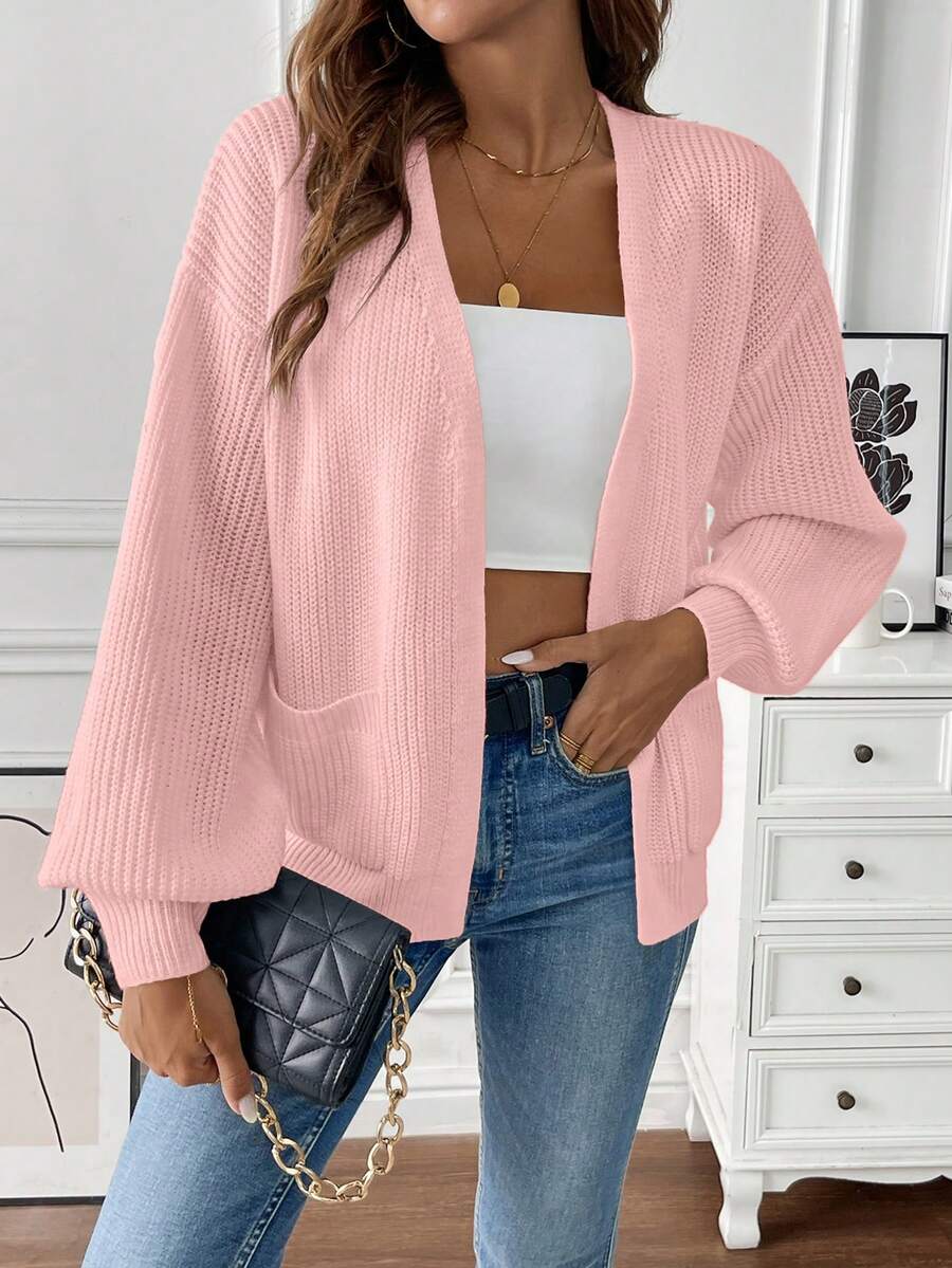 Women's Open Front Cropped Cardigan White Chunky Knit Pockets Long Sleeve Casual