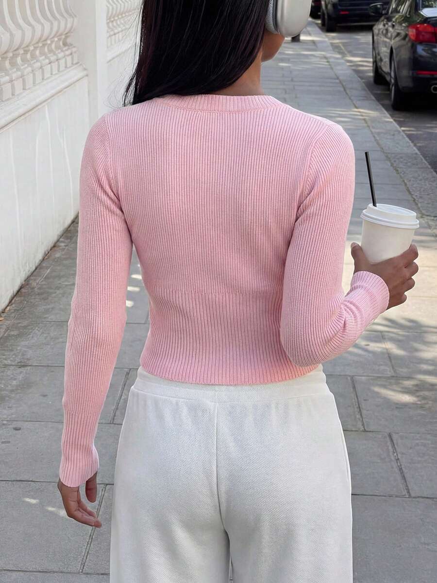 Women's Cropped Cardigan Round Neck Button Front Long Sleeve Ribbed Knit Pink