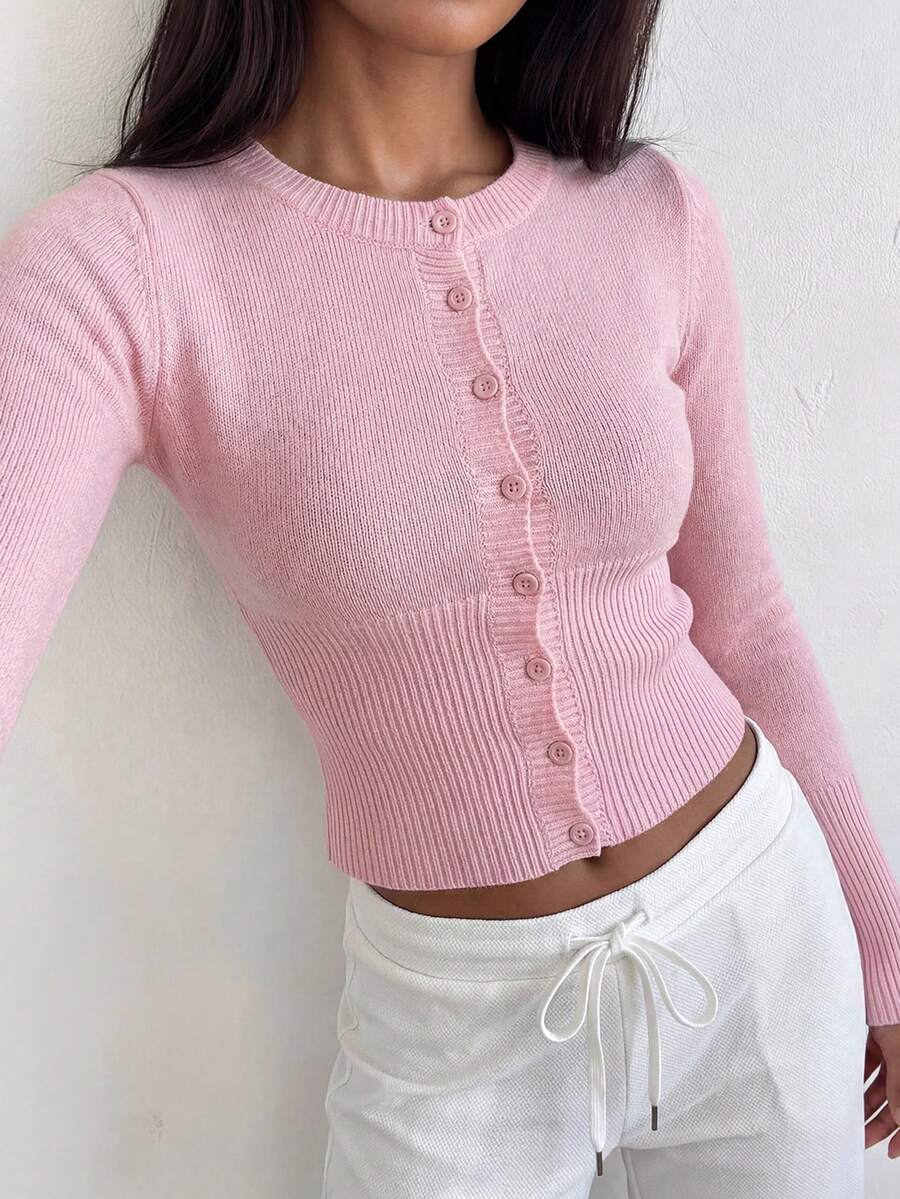 Women's Cropped Cardigan Round Neck Button Front Long Sleeve Ribbed Knit Pink