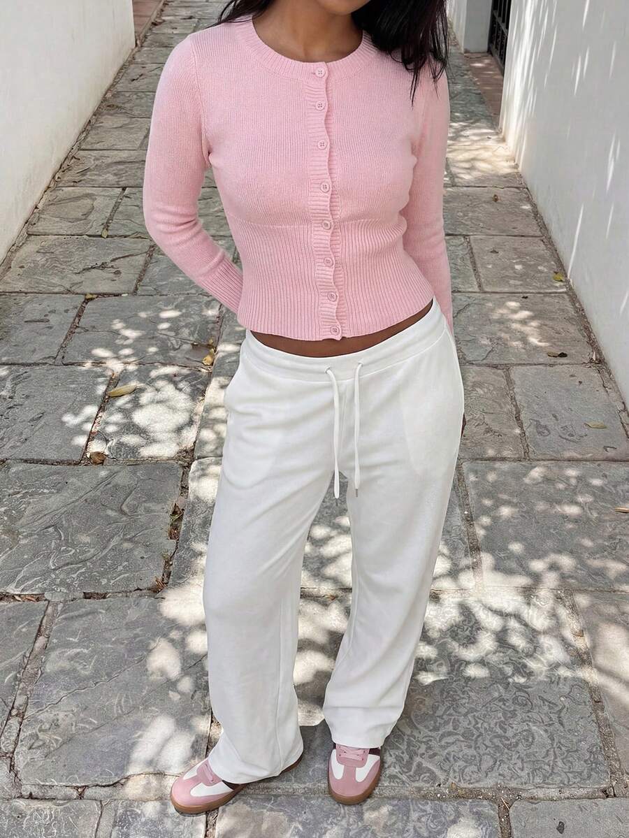 Women's Cropped Cardigan Round Neck Button Front Long Sleeve Ribbed Knit Pink